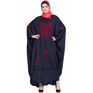 Designer Kaftan abaya with embroidery work- Navy Blue-Red